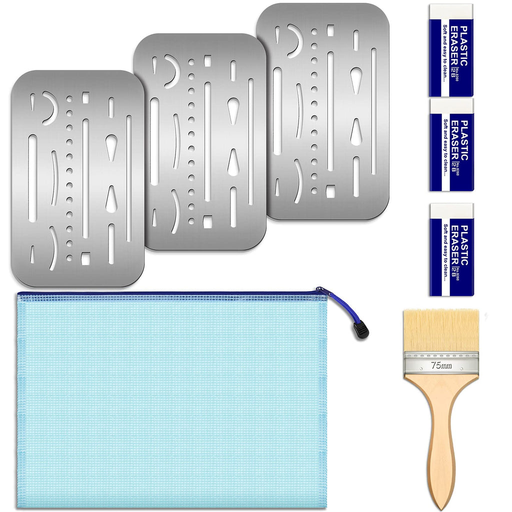  [AUSTRALIA] - 8 Pieces Erasing Shields Stainless Steel Erasing Shield Kit 3 Erasing Shield Stainless Steel Drawing Template 1 Edge Cleaning Brush 3 Erasers and 1 Zipper File Bag for Painting, Shield Drafting Tools