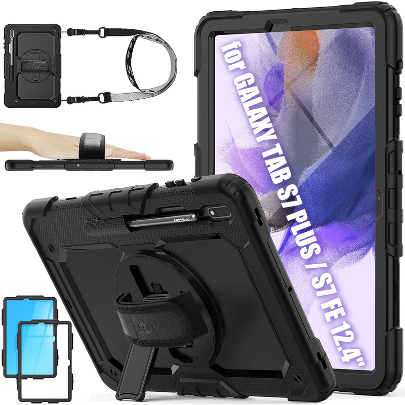  [AUSTRALIA] - SEYMAC stock Samsung Galaxy Tab S7 FE Case 12.4'' with Screen Protector Pencil Holder [360 Rotating Hand Strap] &Stand, Drop-Proof Case for Samsung Galaxy Tab S7 FE 5G 2021 / S7 Plus (Black) Black/Black