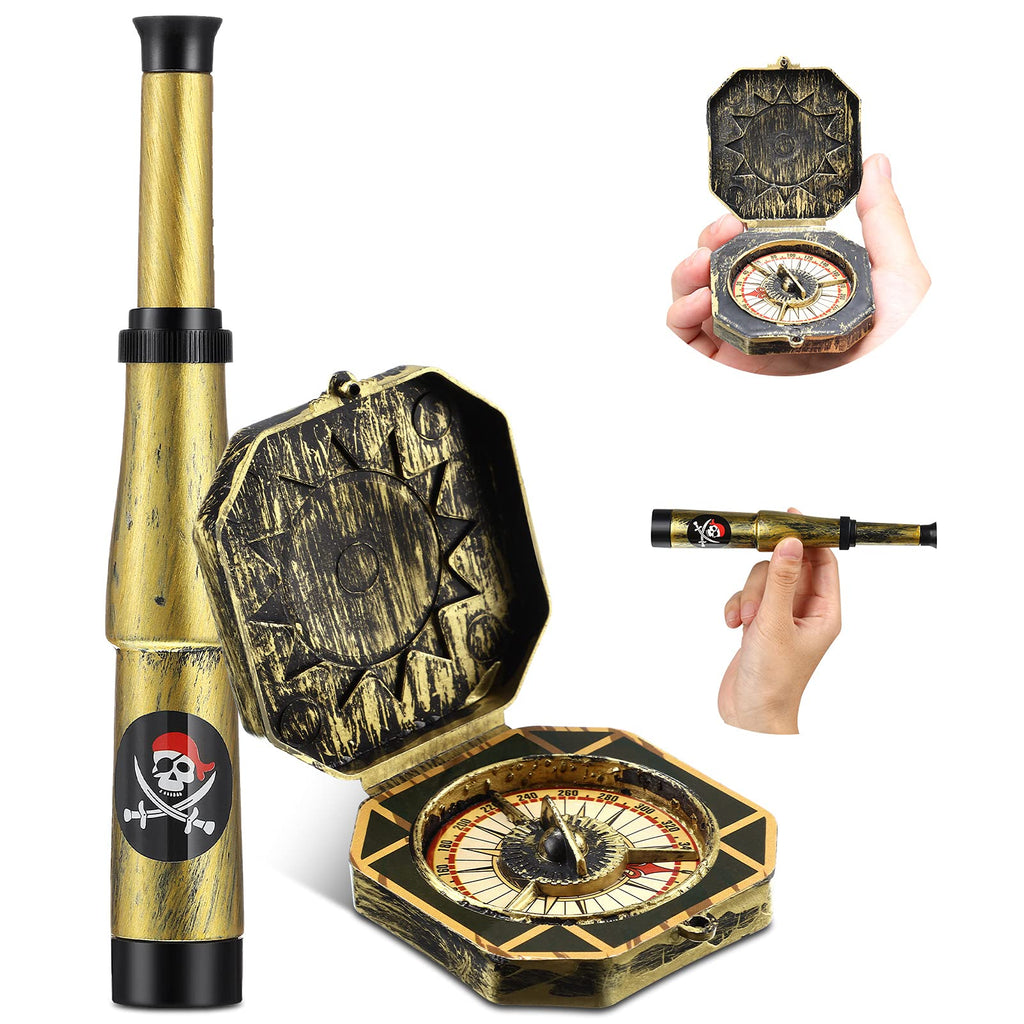  [AUSTRALIA] - 2 Pieces Pirate Compass Toy Pirate Theme Party Supply Antique Captain Compass Toy Retro Telescope Toy Pirate Telescope and Compass Treasure Play for Pirate Cosplay Party Decor, Party Favors