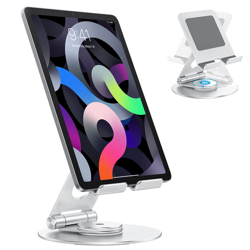  [AUSTRALIA] - Swivel Tablet Stand Holder, Adjustable OMOTON T6 Rotating iPad Stand, Portable Foldable Aluminum Stand for Desk Compatible with iPad Air/Mini, iPad Pro 11/12.9, iPhone，Silver Silver