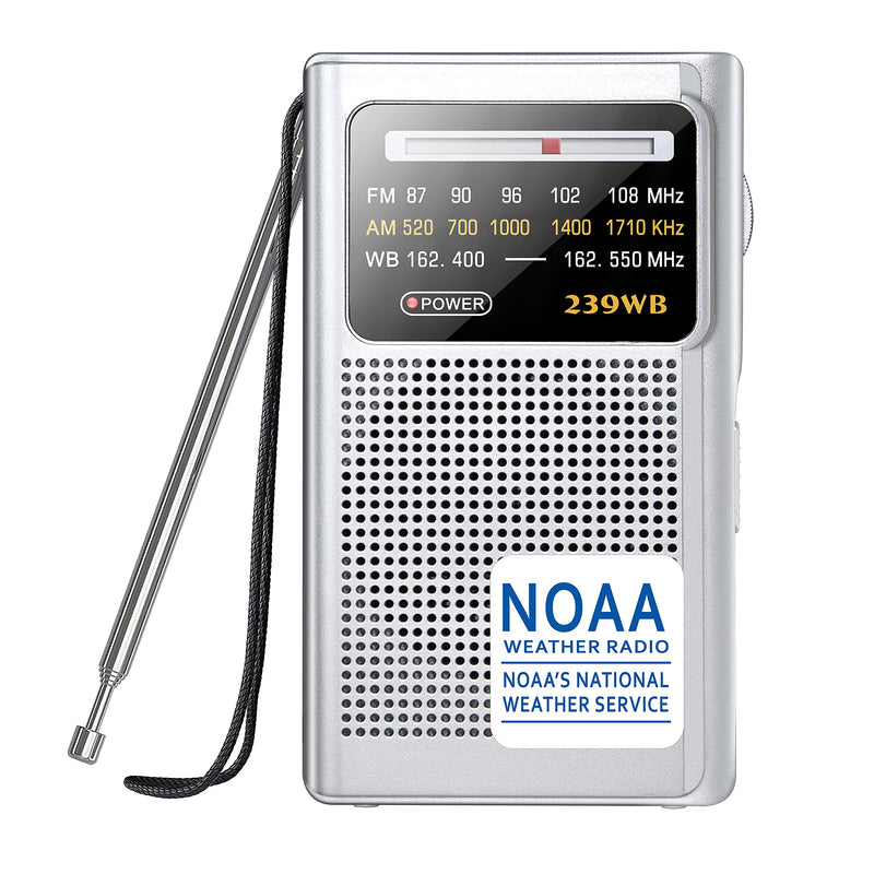 [AUSTRALIA] - Greadio NOAA Weather Radio, AM/FM Battery Operated Transistor Portable Radio with Best Reception,Stereo Earphone Jack,Powered by 2 AA Battery for Emergency,Hurricane,Running, Walking,Home (Silver) Silver