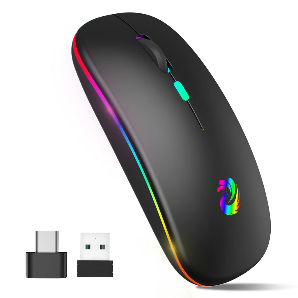  [AUSTRALIA] - LED Wireless Mouse, Rechargeable Slim Silent Mice 2.4G Portable Office Optical Mouse with USB Receiver and Type-C Adapter, 3 Adjustable DPI for Laptop, Computer, PC, Notebook, Desktop (Black) 221 Black