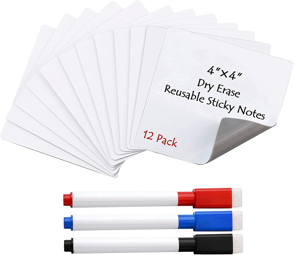  [AUSTRALIA] - Mornajina 12Pcs Dry Erase Sticky Notes Reusable Whiteboard Labels Stickers 4x4 inch for Wall with 3 Markers, Notes Stickies Planner to Do List, Suitable for Wall, Fridge, Mirror, Desk, Glass 12pcs Square 4x4 Inch