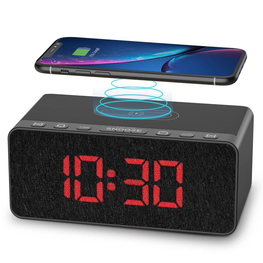  [AUSTRALIA] - Digital Alarm Clock FM Radio - 10W Fast Wireless Charger Station & USB Port - 5 Wake Up Sounds, Volume Control, Full Brightness Dimmer for Bedroom - BUFFBEE