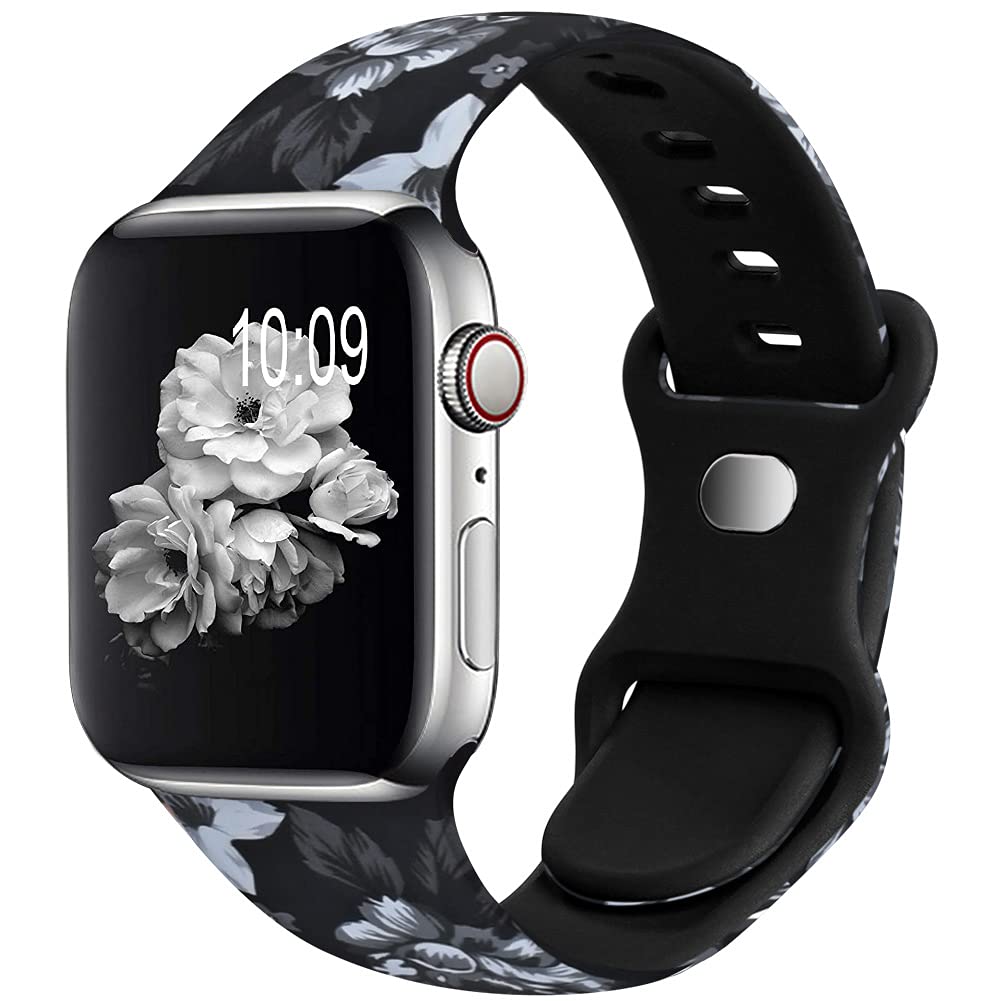  [AUSTRALIA] - OriBear Watch Band Compatible with Apple Watch Bands 38mm 40mm 41mm Elegant Floral iWatch Bands for Women, Soft Silicone Pattern Printed Replacement Strap for Apple Watch Series SE/7/6/5/4/3/2/1 Black Temptation 38mm/40mm/41mm S/M
