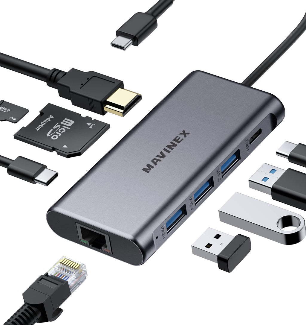  [AUSTRALIA] - USB C Hub 9 in 1, MAVINEX USB C Adapter 4K to HDMI, 100W Power Delivery, 5Gbps USB-C Data Port, 3 USB 3.0 Ports, MicroSD/TF, 1Gbps Ethernet Docking Station for MacBook, Dell XPS, More Type C Devices