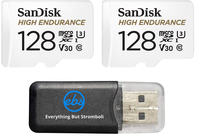  [AUSTRALIA] - SanDisk 128GB High Endurance MicroSDXC Memory Card (2 Pack) for Garmin Dash Cam 57, 67W, Mini 2, 47 Series (SDSQQNR-128G-GN6IA) Class 10 Bundle with (1) Everything But Stromboli MicroSD Card Reader