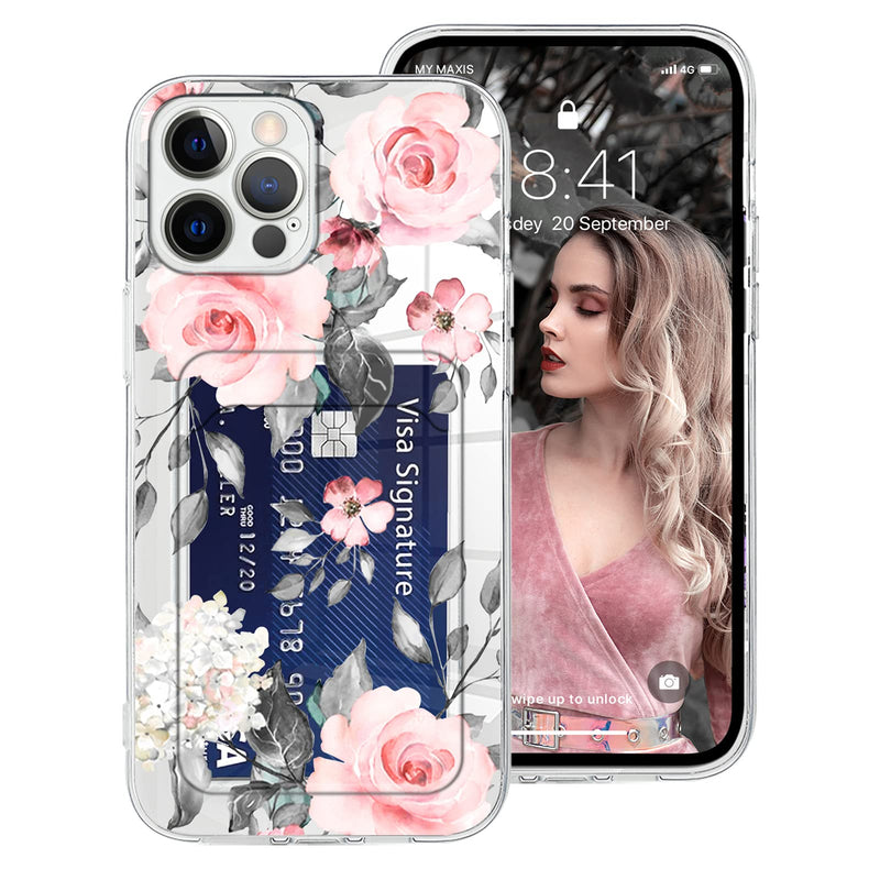  [AUSTRALIA] - iPhone 11 Case with Card Holder for Women Girls Pink Flower Floral Clear Pattern Cell Phone Wallet Cover with Tempered Glass Screen Protector Transparent Phone Bumper for iPhone 11 6.1" Pink Flowers Apple iPhone 11 6.1"