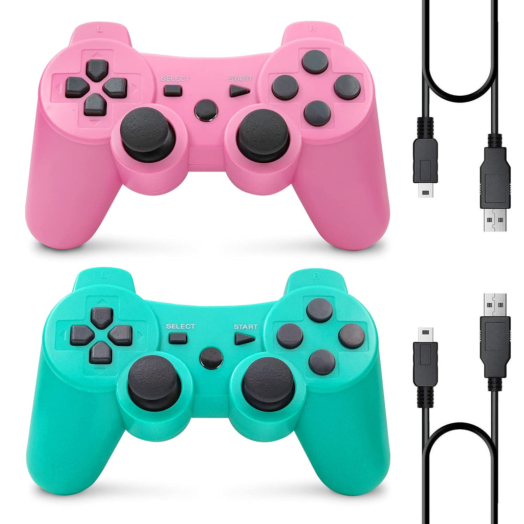  [AUSTRALIA] - PS3 Controller Wireless, Gaming Remote Joystick for Playstation 3 with Charger Cable Cord (Pink, Green) Pink, Green