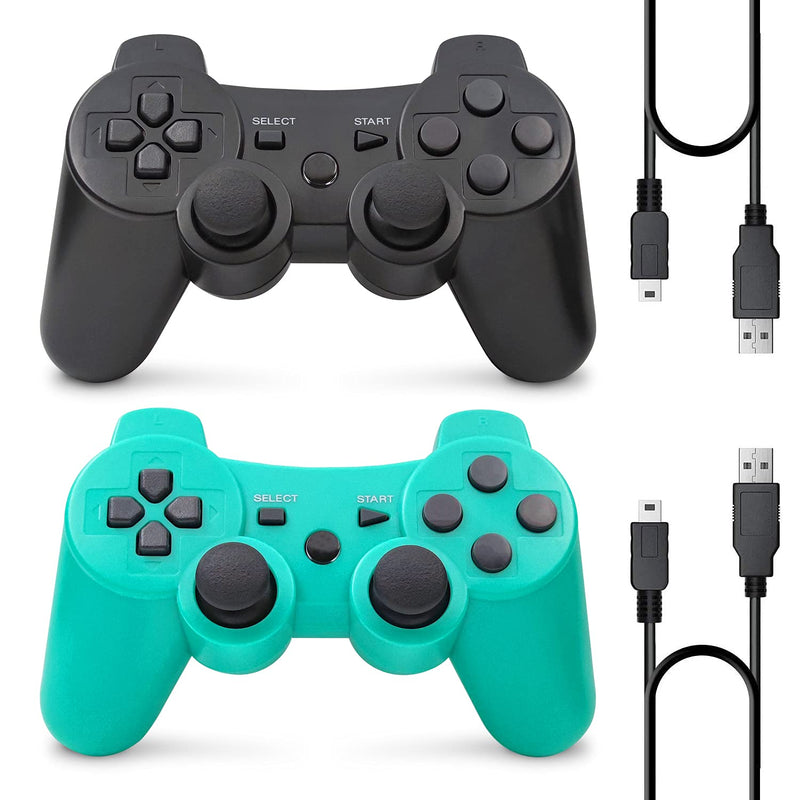 [AUSTRALIA] - PS3 Controller Wireless, Gaming Remote Joystick for Playstation 3 with Charger Cable Cord (Black, Green) Black, Green