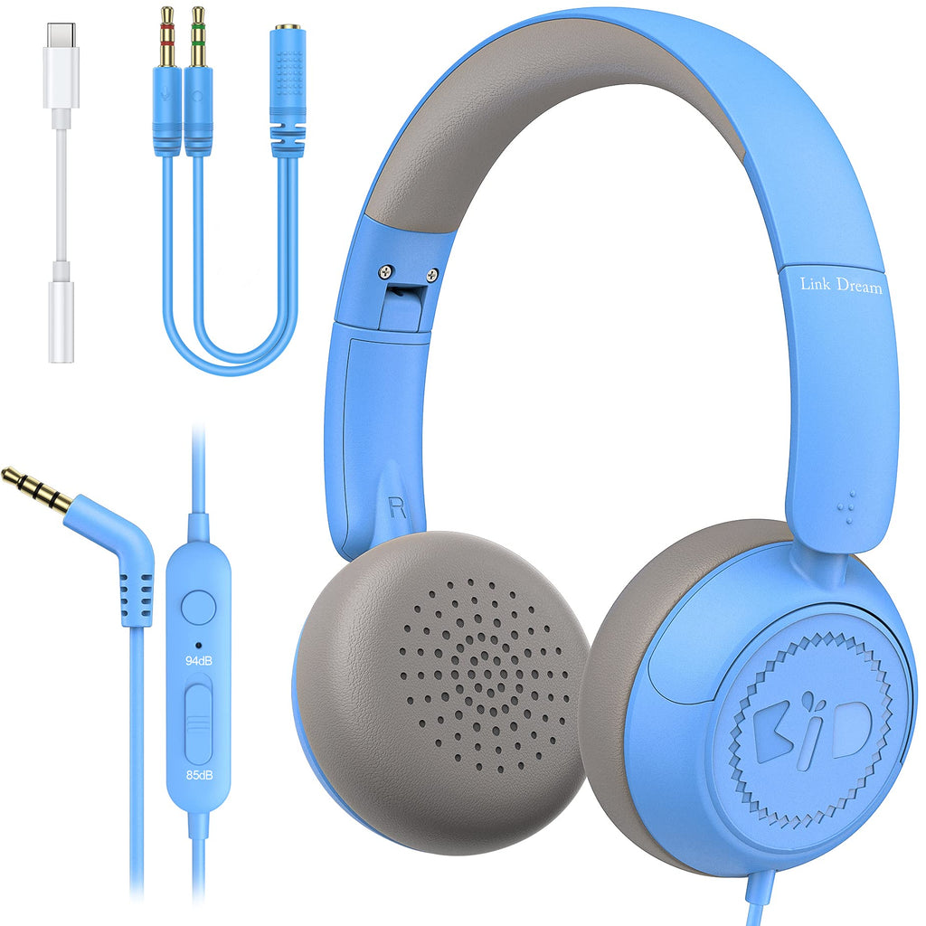  [AUSTRALIA] - Kids Headphones for School Boys Girls with Microphone, Link Dream Volume Limiter 85/94dB Stereo 3.5mm Jack On-Ear Folding Headphones for Kids Chromebook Computer Tablet, Blue(USB-C Adapter Provided)