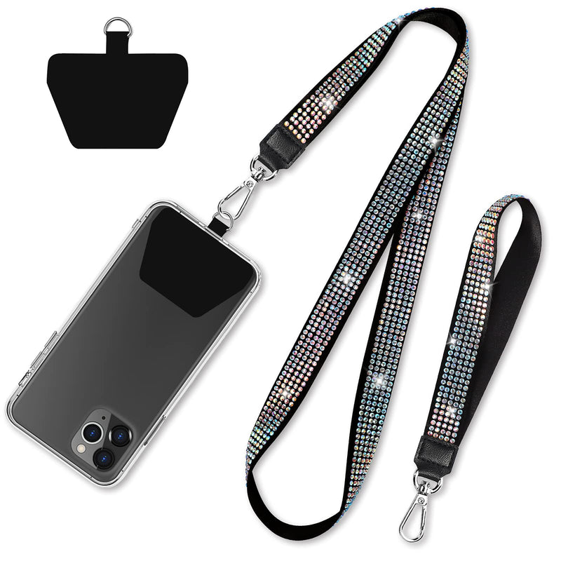 [AUSTRALIA] - Phone Lanyard, SHANSHUI Universal Nylon Bling Neck Lanyard and Wrist Strap With 1 Patch Tether Cell Phone Charm Lanyard Compatible with iPhone and All Smartphones(Black) Black