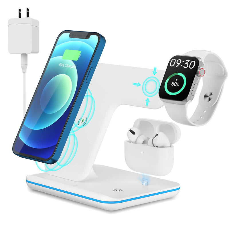  [AUSTRALIA] - Wireless Charger, 3 in 1 Fast Charging Station for Apple Watch Series SE 6~2,AirPods,iPhone 13 12 11 Pro/X/Xr/Xs/8 Plus,Qi-Certified Phones(with QC3.0 Adapter) White