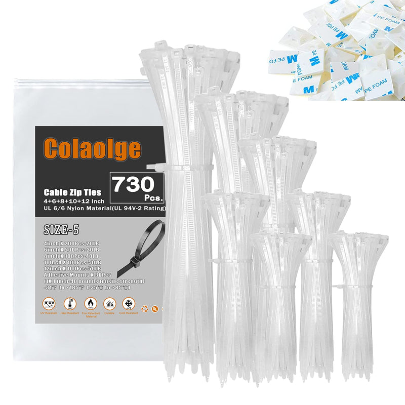  [AUSTRALIA] - Zip Wire Ties 730Pcs Small Cable Zip Ties with Cable Mounts Nylon Zip Cable Ties Assorted Sizes 4+6+8+10+12 Inch, Self-Locking Tie Wraps Perfect for Home Garden Trellis Office Garage Workshop White