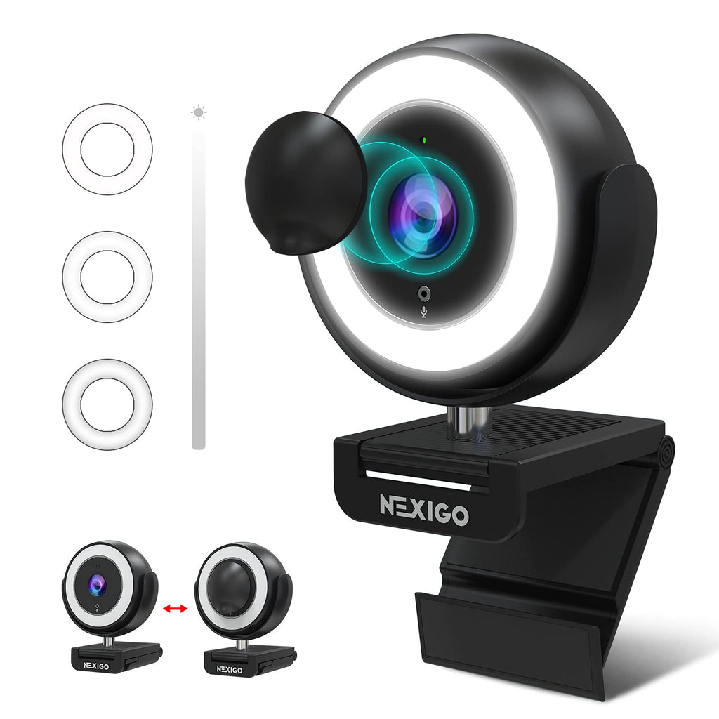  [AUSTRALIA] - 1080P Webcam with Ring Light and Software Control, 2021 NexiGo N660E Streaming Web Camera, Adjustable Brightness, Privacy Cover, Dual Noise Reduction Mics, for Zoom Skype Teams, Black
