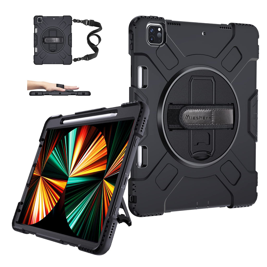  [AUSTRALIA] - iPad Pro 12.9 Case 2021 5th Generation: Military Grade Shockproof Silicone Protective Cover for iPad 12.9 Inch 5th Gen w/Pencil Holder Stand - Handle - Shoulder Strap Black iPad Pro 12.9 2021 5th/2020 4th/2018 3rd Gen Black+Black
