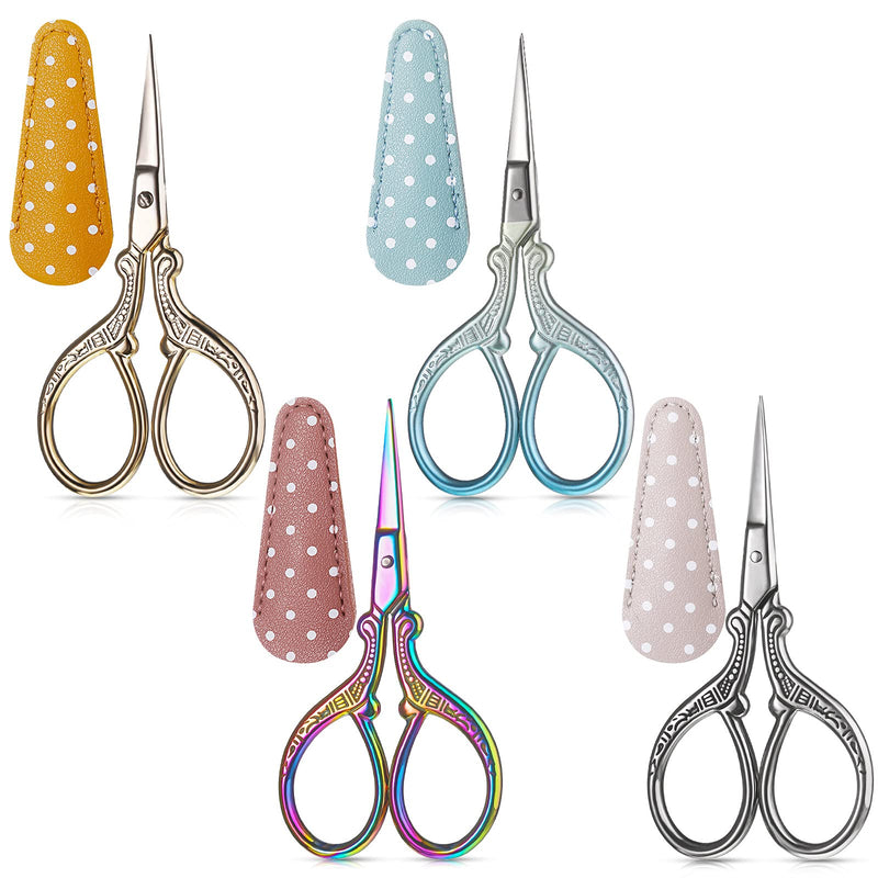  [AUSTRALIA] - 4 Pieces Sewing Embroidery Scissors with 4 Pieces Artificial Leather Cover 3.6 Inch Stainless Steel Stork Scissors Vintage Embroidery Scissors for Needlework, Manual Sewing Handicraft Brow Shaping