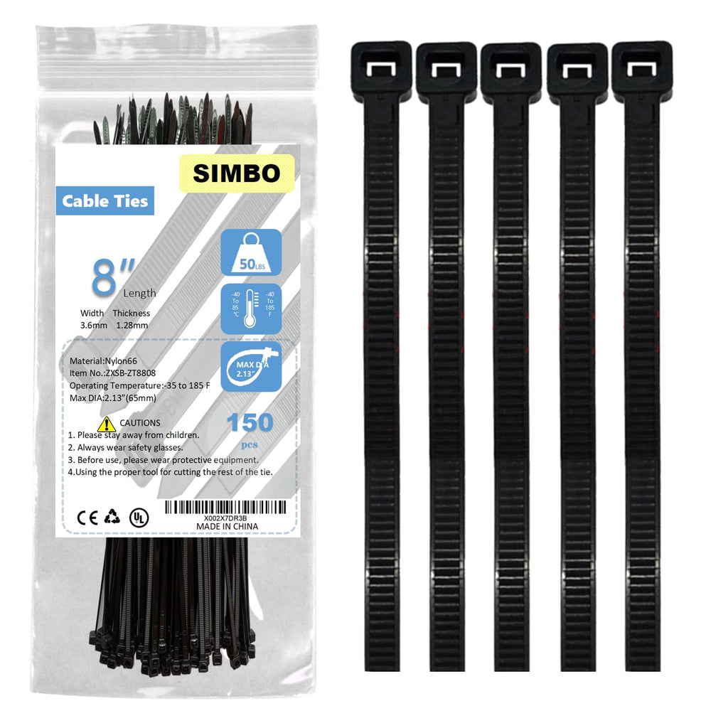  [AUSTRALIA] - 150 PK , Extra-long design , Multipurpose Self-Locking Black 8 inch Zip Ties , 9.84 x 0.14" UV resistant Electrical Cable Ties , Wire Management for Organizing Home, Office and Data Centers BY SIMBO 8"(150 Pack)