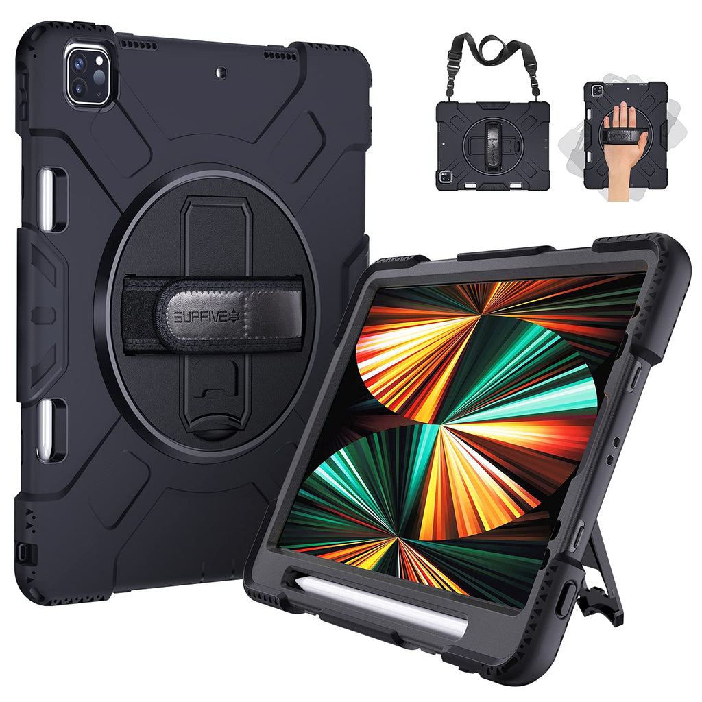  [AUSTRALIA] - SUPFIVES iPad Pro 12.9 Case 2021 (5th Generation): Upgraded Military Grade Shockproof Protector Silicone Case for Pro 12.9-inch - Pencil Holder- Handle- Shoulder Strap- Kick Stand -Black Ipad pro 12.9 inch 2021/2020/2018 Black