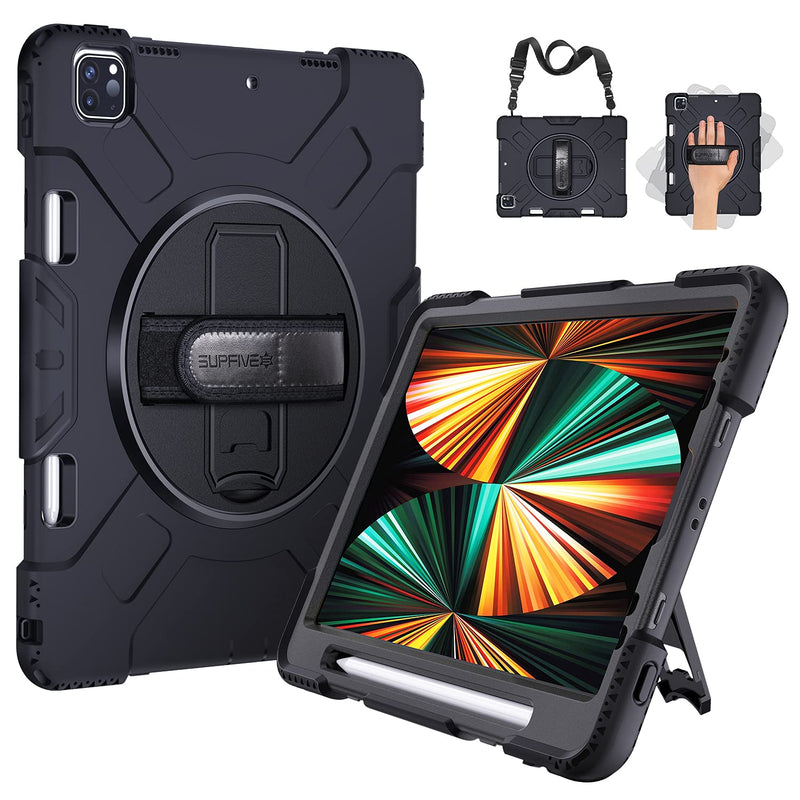  [AUSTRALIA] - SUPFIVES iPad Pro 12.9 Case 2021 (5th Generation): Upgraded Military Grade Shockproof Protector Silicone Case for Pro 12.9-inch - Pencil Holder- Handle- Shoulder Strap- Kick Stand -Black Ipad pro 12.9 inch 2021/2020/2018 Black