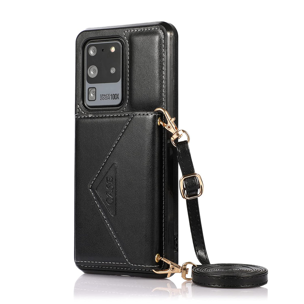  [AUSTRALIA] - JES Crossbody Case for Samsung Galaxy S21 Ultra Purse/Clutch with Detachable Strap & Card Holder& Removable Adjustable Leather Strap with Button Compatible (Black) Black