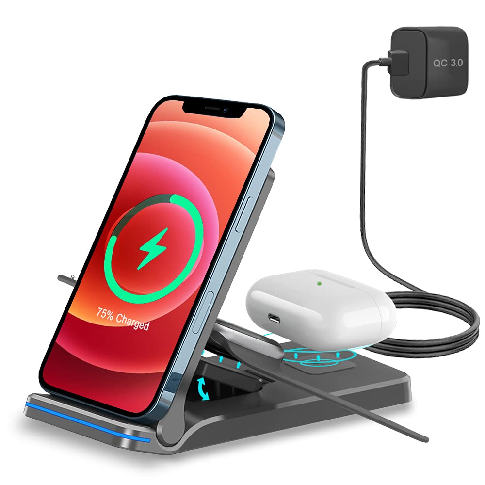  [AUSTRALIA] - Wireless Charger, Foldable 3 in 1 Wireless Charger Station for iWatch, AirPods, Qi Fast Wireless Charging Stand for iPhone 13/12/11 Series/XS MAX/XS/XR/X/8/8 Plus, Samsung Cell Phone (Black) Black