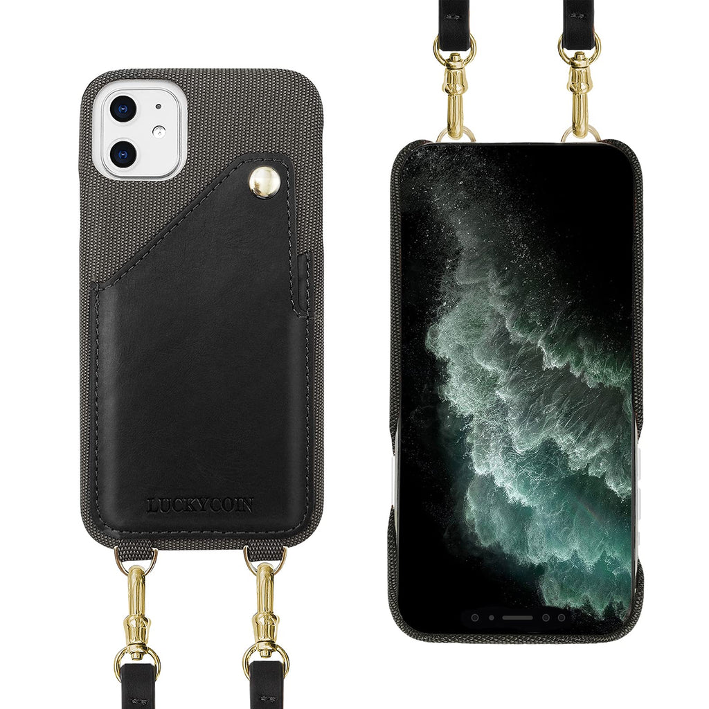  [AUSTRALIA] - LUCKYCOIN for iPhone 11 Crossbody Premium Fabric Real Leather Full Protection Phone Case with Card Holder Slot Adjustable & Detachable Strap Slim Fit Compatible with Apple iPhone 11 6.1 inch -Black Black