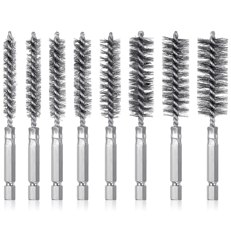  [AUSTRALIA] - 8 Pieces Wire Brush Drill Bore Cleaning Brush Set with 1/4 Inch Hex Shank Stainless Steel Wire Twisted Brush for Drill Impact Driver, 8 Sizes Silver