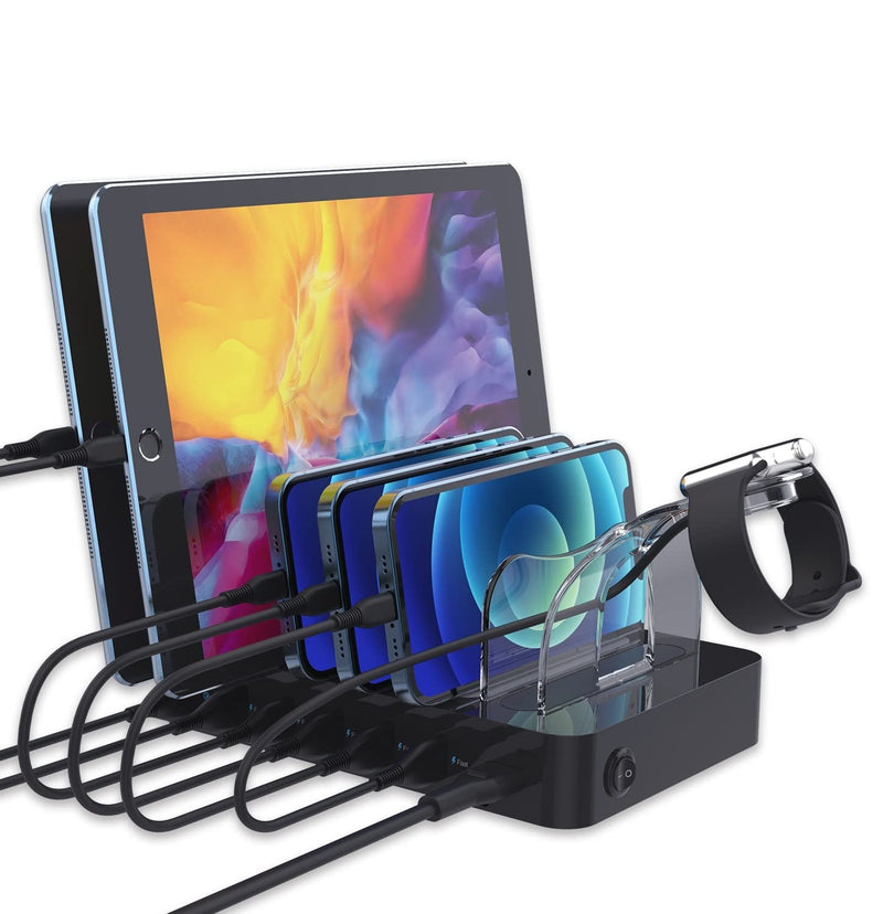  [AUSTRALIA] - SooPii Quick Charge 3.0 60W/12A 6-Port USB Charging Station for Multiple Devices, 8 Short Charging Cables Included, I Watch Charger Holder,for Phones, Tablets, and Other Electronics Black