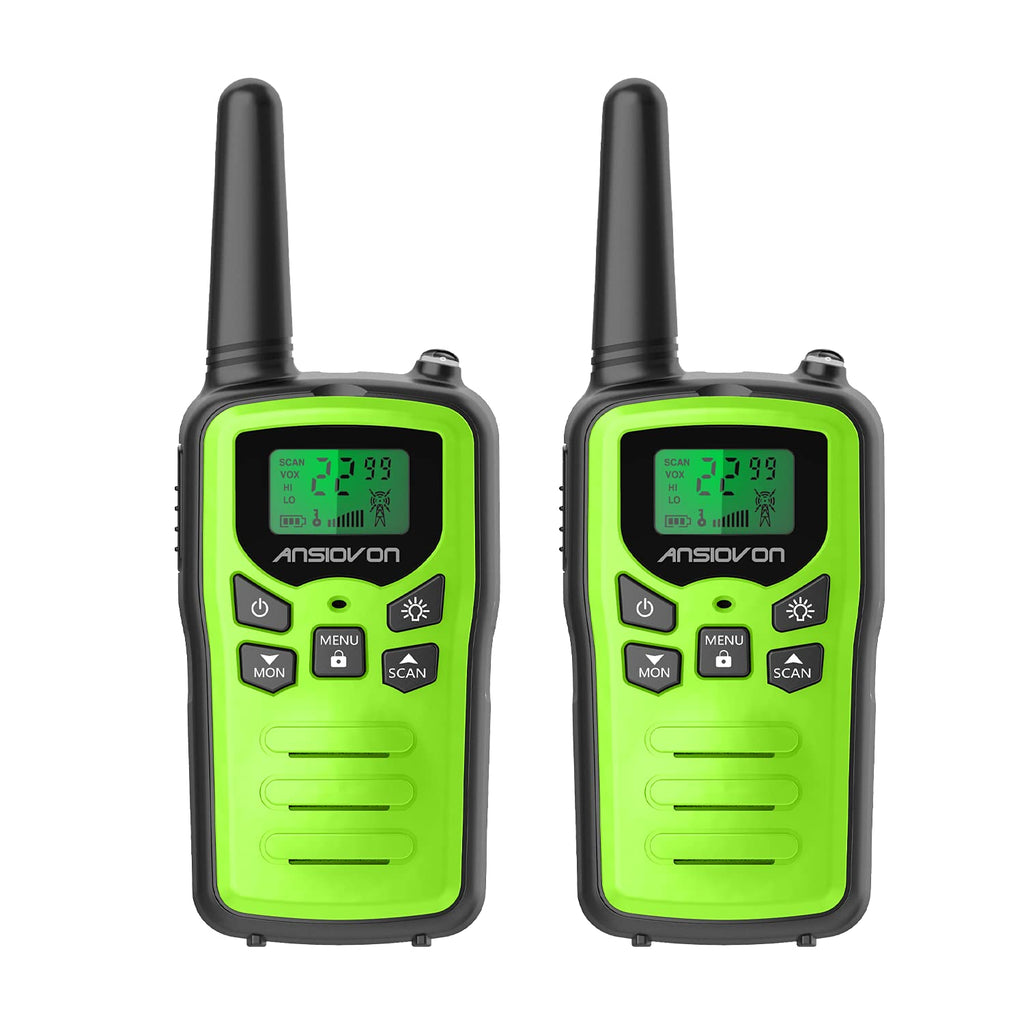  [AUSTRALIA] - Walkie Talkies, ANSIOVON Walkie Talkies for Adults Long Range 22 Channels Walky Talky VOX Scan LCD Display Flashlight Two Way Radio for Family Biking Hiking Camping Cruise (2 Pack Green) 2 Pack Green