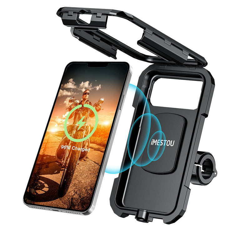  [AUSTRALIA] - iMESTOU Waterproof IP67 Motorcycle Phone (4.7"-6.1") Mount Wireless/ USB C Charger Handlebar Cellphone Holder 360 Rotation Work by Wiring to 12/24V Vehicles or Plugging to USB A Sockets For Smaller Phone Size