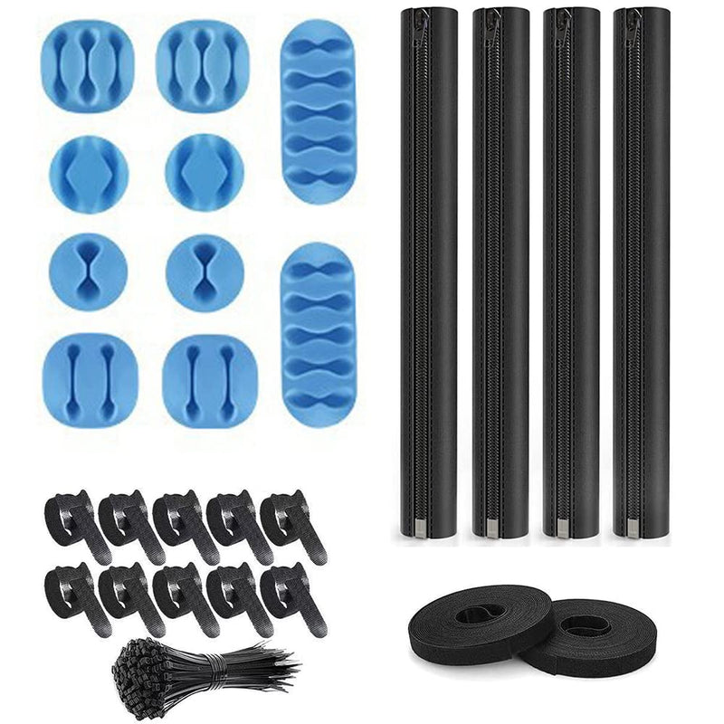  [AUSTRALIA] - 126 pcs Cord Management Organizer Kit 4 Cable Sleeve split with 10pcs Self Adhesive Cable Clips Holder, 10pcs and 2 Roll Self Adhesive tie and 100 Fastening Cable Ties for TV Office Home Electronics Black