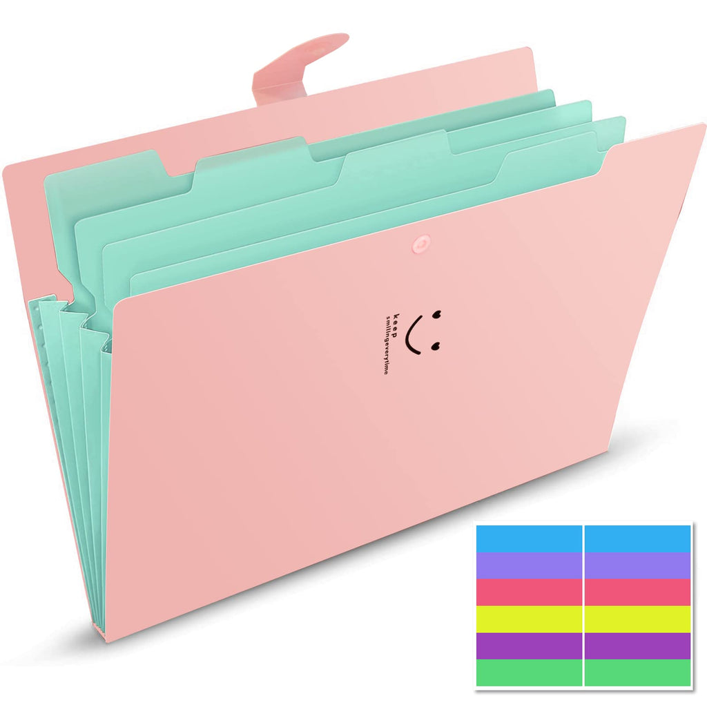  [AUSTRALIA] - Aukuel File Folders, Expanding A4 Letter Size Accordion Document Organizer with 5 Pockets, Plastic Travel Folders, 12 Labels Included (Pink)