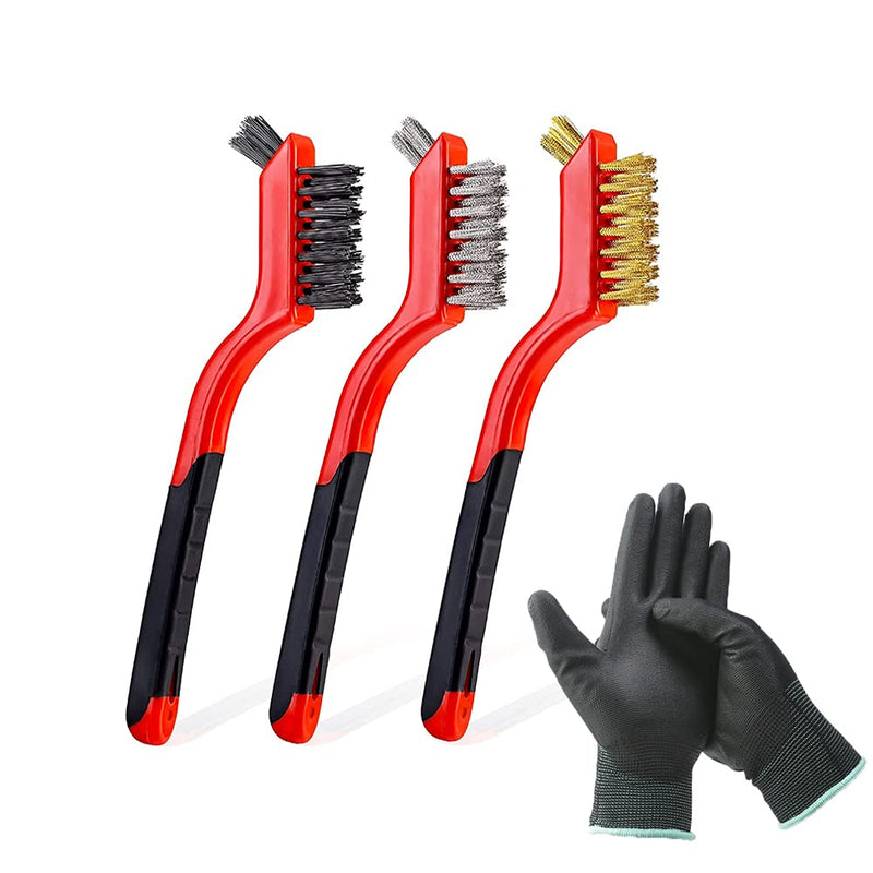  [AUSTRALIA] - Aimeixin 3 Pcs 7-inch Wire Brush Set - Nylon/Brass/Stainless Steel Brushes Head with Curved Handle Grip PU Nylon Coated Gloves for Rust, Dirt & Paint Scrubbing (3PCS-Nylon/Brass/Stainless Steel) 3pcs-nylon/Brass/Stainless Steel