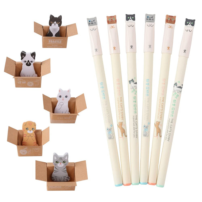  [AUSTRALIA] - Japanese Stationery Pens Set, Cat Cute Pens Cat Shaped Sticky Notes 6PCS Cat Gel Ink Pens 600 Sheet Mini Sticker Bookmark Page Flags Index Tab Reminder for Home School Office Cat Lovers