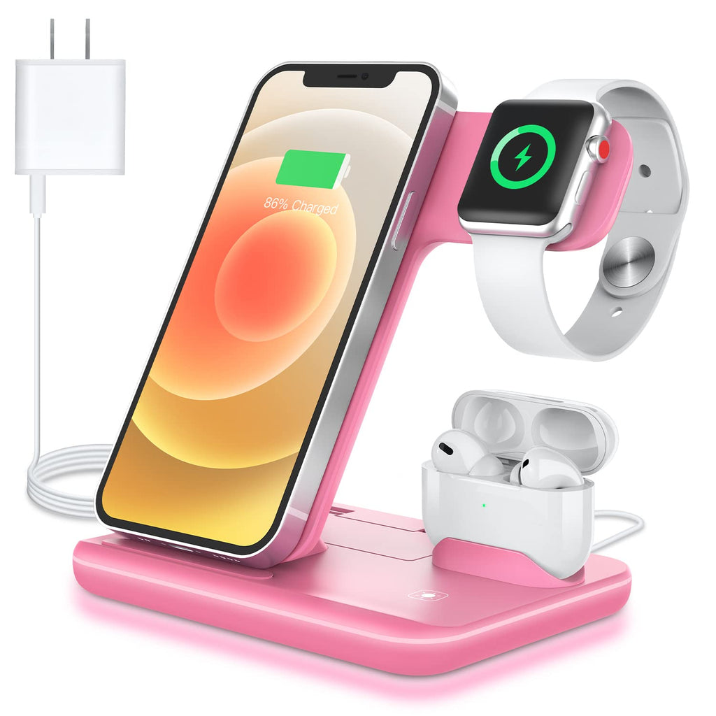  [AUSTRALIA] - WAITIEE Wireless Charger 3 in 1, 15W Fast Charging Station for Apple iWatch SE/6/5/4/3/2/1,AirPods Pro, Compatible with iPhone 12/12 Pro Max/11 Series/XS Max/XR/XS/X/8/8 Plus/Samsung Galaxy (Pink) Pink