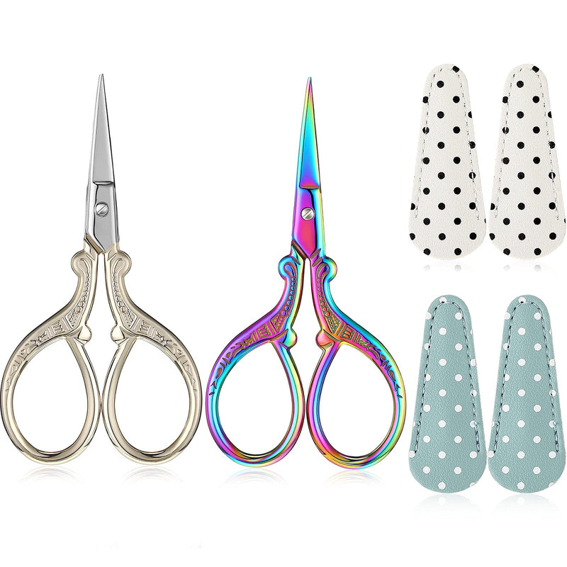  [AUSTRALIA] - 2 Pieces Vintage Embroidery Scissors Thread Needlework Sewing Scissors Stainless Steel Crafting Scissors Rainbow Gold Crochet Small Scissors with 4 Leather Scissors Cover for DIY Crafts Tool Supplies