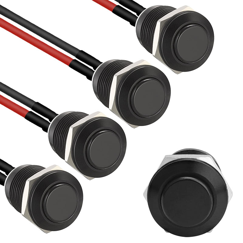  [AUSTRALIA] - Starelo 5pcs 12mm Momentary Push Button Switch Black Shell with pre-Wiring, IP65 Waterproof Push Button Switch,Stainless Steel 1 Normally Open Without LED. 12mm Black Shell