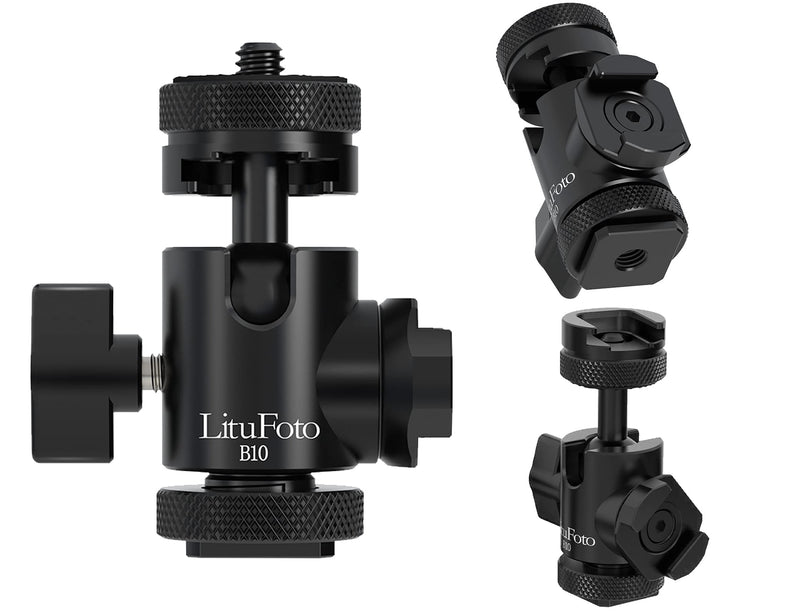  [AUSTRALIA] - LituFoto B10 Ball Head with 1/4" Hotshoe Camera Mount Adapter & Extra Coldshoe Mount 360 Degree Rotatable Aluminum Tripod Head for DSLR Cameras Tripods Monopods Camcorder Light Stand, Max. Load 22lbs