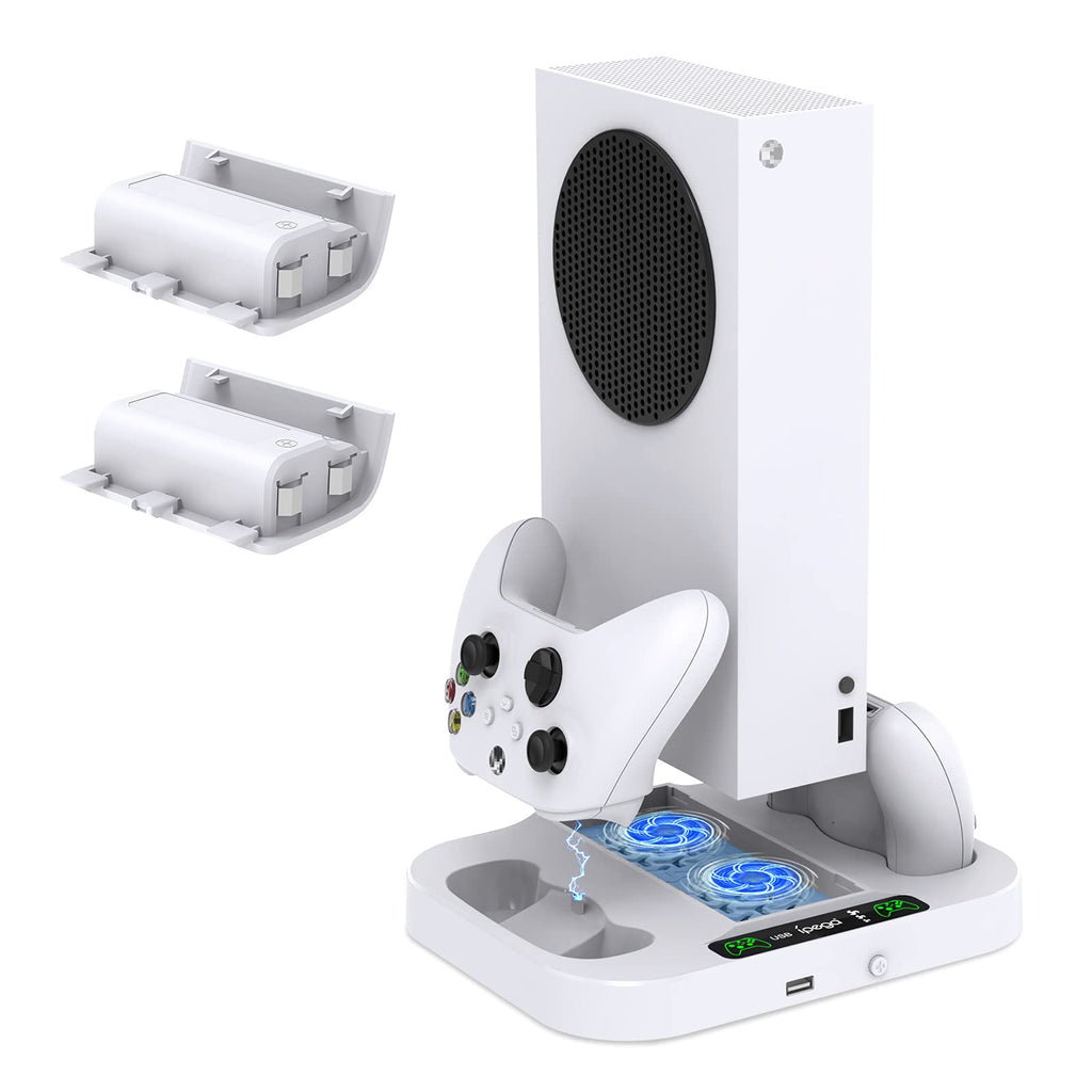  [AUSTRALIA] - Upgraded Vertical Cooling Stand with Suction Cooling Fan and Dual Controller Charger Station for Xbox Series S, Suction Cooler Fan with Charging Dock Station and 2X 1400 mAH Rechargeable Battery Packs