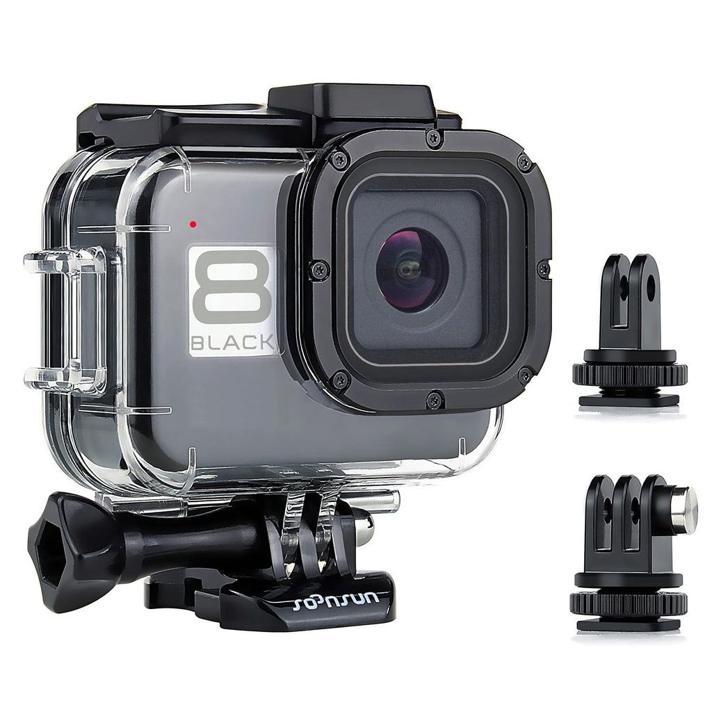  [AUSTRALIA] - SOONSUN Waterproof Housing Case for GoPro Hero 8 Black, Built-in Dual Cold Shoe Slots and Includes 2 Clod Shoe Mount Adapters, 196 Ft Underwater Protective Diving Housing Case for GoPro Hero8 Black Waterproof Housing for HERO8 Black