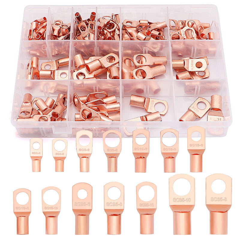  [AUSTRALIA] - 174pcs Copper Battery Cable Ends 14 Sizes Battery Wire Lugs Eyelets Tubular Ring Terminal Connectors SC Terminals for Automotive Supplies AWG2/4/6/8/10/12 Only lugs