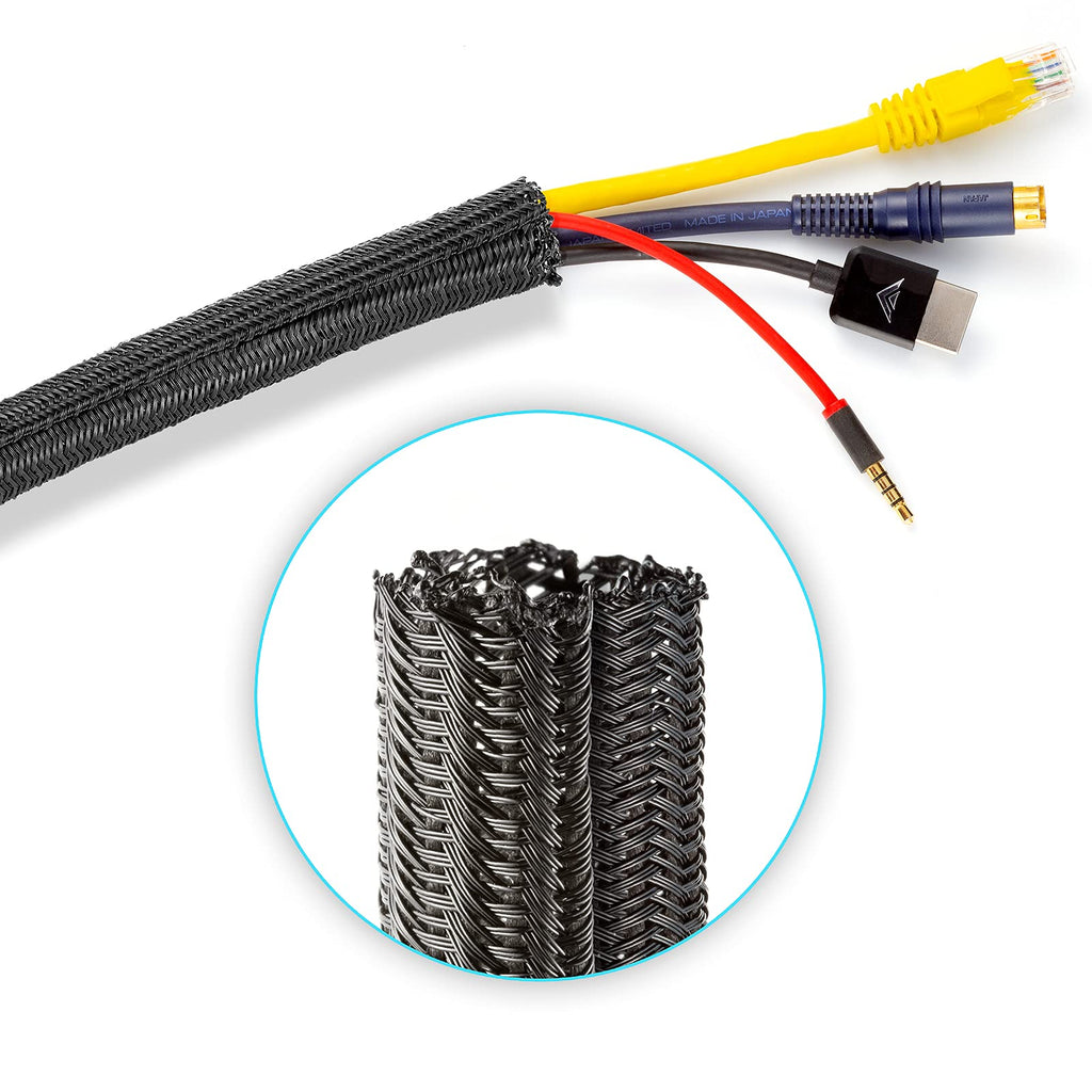  [AUSTRALIA] - Cable Management Sleeve, 6 ft Long, 1/2 in. Wide, Mesh Braided Cable Sleeve, Wire Loom, Expandable Split Sleeving , Cord Protector (Black) 1/2" - 6 Feet Black