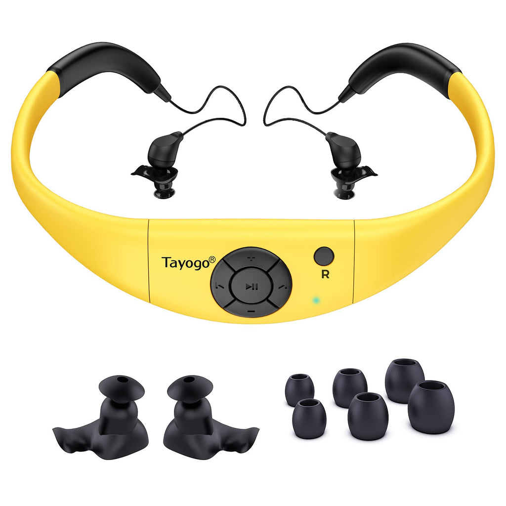  [AUSTRALIA] - Waterproof Mp3 Player for Swimming, Tayogo IPX8 8GB Underwater Swim Headphones for Sports(4 Pairs Earplugs)-Yellow Yellow