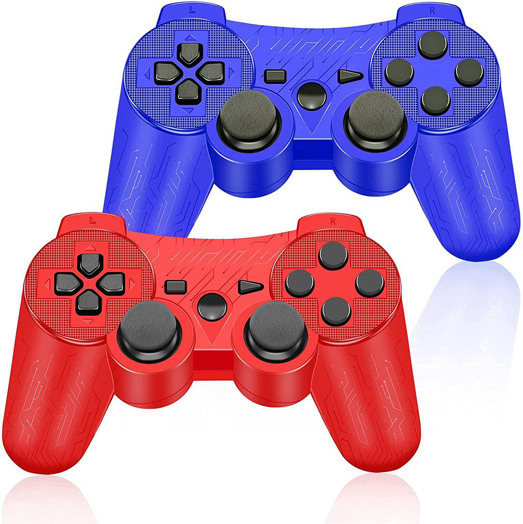  [AUSTRALIA] - PS-3 Controller Wireless, 2 Pack Rechargeable PS-3 Remote Controller, Circuit Pattern Double Shock 6-axis Joy-Stick Gamepad Compatible for Play-Station 3 Console Game, with Charger Cable Red Blue