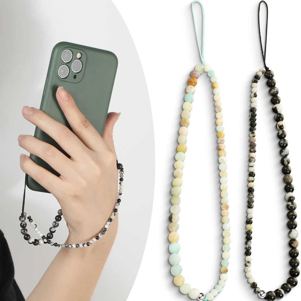  [AUSTRALIA] - Junkin 2 Pieces Beaded Phone Charm Cell Phone Lanyard Wrist Strap Handmade Gemstone Beads Phone Keychain Phone Charm Strap for Women and Girls
