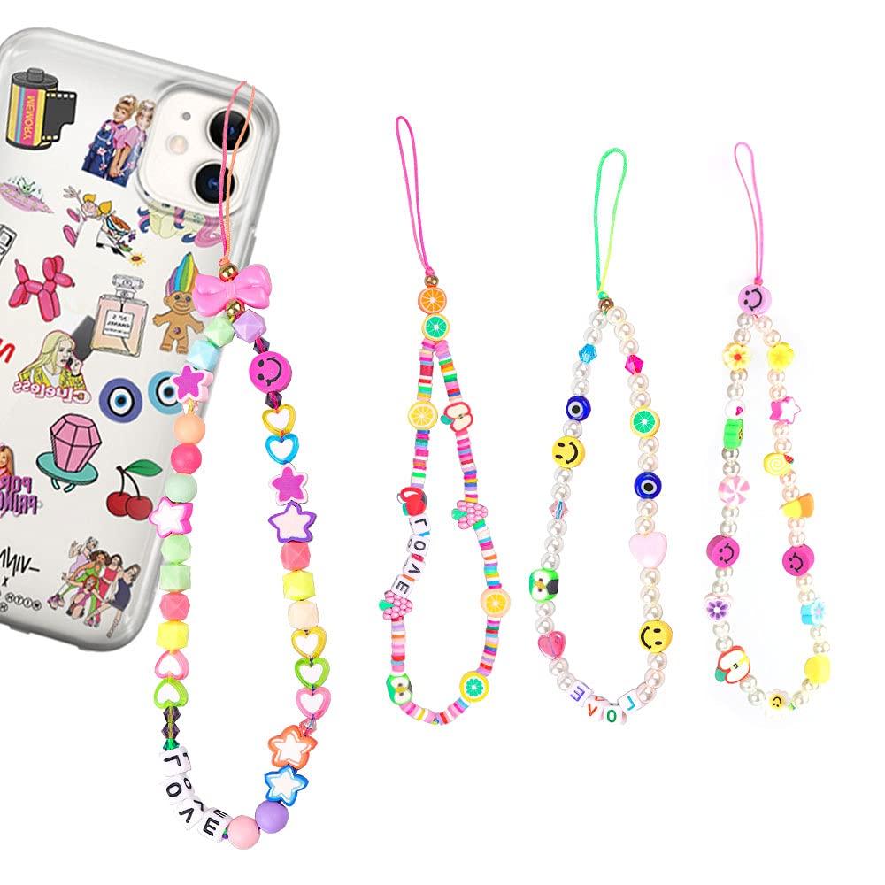  [AUSTRALIA] - MomHiu Beaded Phone Charm Strap, 4 Pcs Handmade Phone Chain Phone Bracelet Lanyard Wrist Fruit Star Pearl Rainbow Color Beaded for Women Summer Beach Accessory
