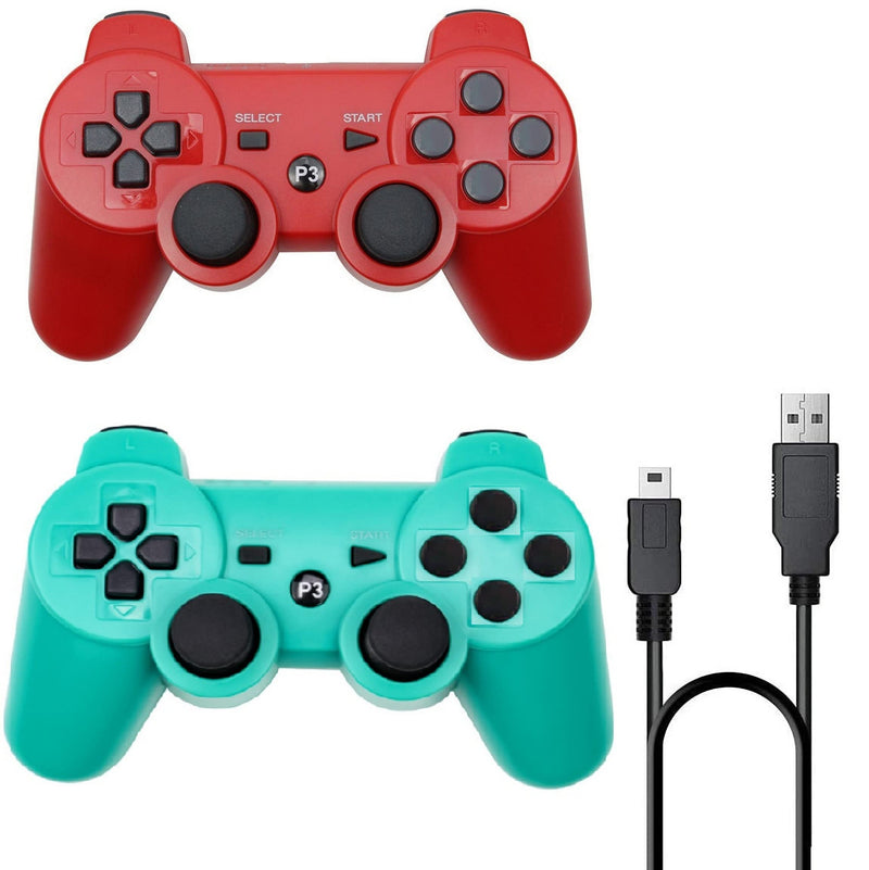  [AUSTRALIA] - PS-3 Wireless Controller 2 Pack PS-3 Gamepad PS-3 Remote Wireless PS-3 Controller Double Shock Compatible with Playstation 3 with Charging Cable (Red+Green) Red+Green