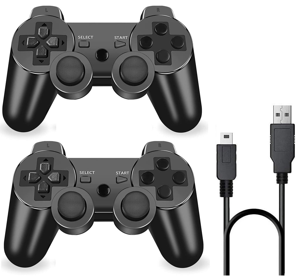 [AUSTRALIA] - PS-3 Wireless Controller 2 Pack PS-3 Gamepad PS-3 Remote Wireless PS-3 Controller Double Shock Compatible with Playstation 3 with Charging Cable (Black+Black) Black+Black