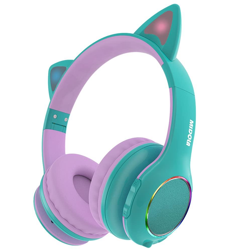  [AUSTRALIA] - Midola Kids Headphone Bluetooth Wireless or Wired Over Ear Cat Light Foldable Stereo Headset with AUX 3.5mm Mic Volume Limit 110-94 dB for Adult Child Boy Girl Cellphone Tablets TV Game Green